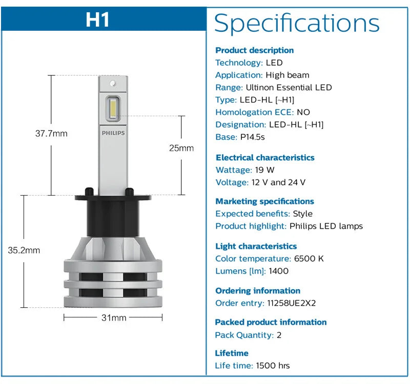 2PCS Philips Ultinon Essential G2 LED H1 H4 H7 H8 H11 H16 HB3 HB4 HIR2 6500K Bright White Auto Headlight LED Bulbs 12V 24V Lamps