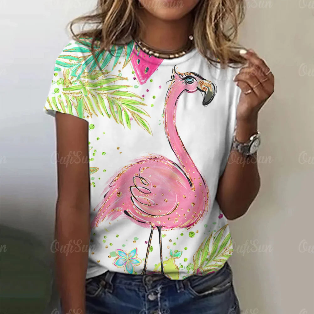 Women T-Shirts 3d Flamingo Print Fashion O-Neck Casual Ladies Casual Female Top Harajuku Girls Short Sleeve Loose Woman Clothing