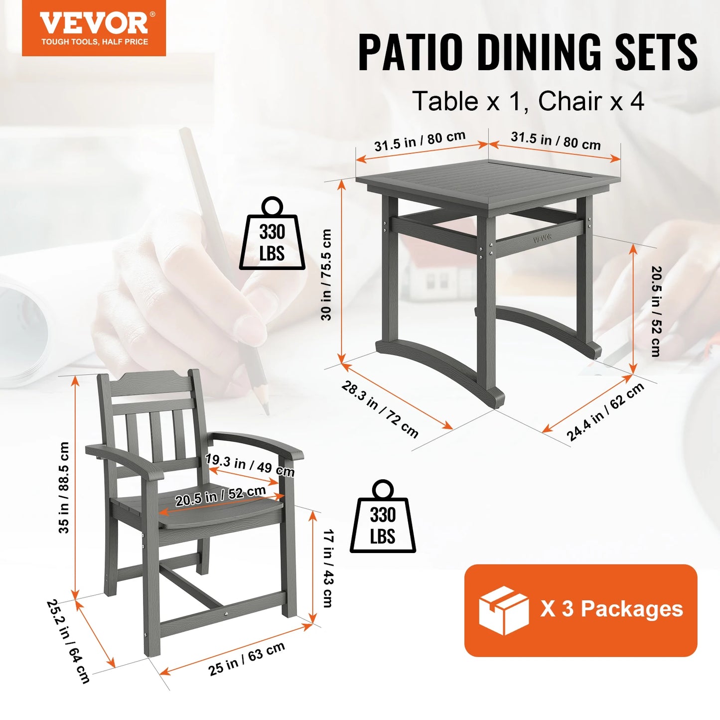 VEVOR 5 Pcs Patio Dining Set Outdoor Square Furniture Table Chairs Garden Furniture Table Sets For Lawn Deck Backyard Poolside