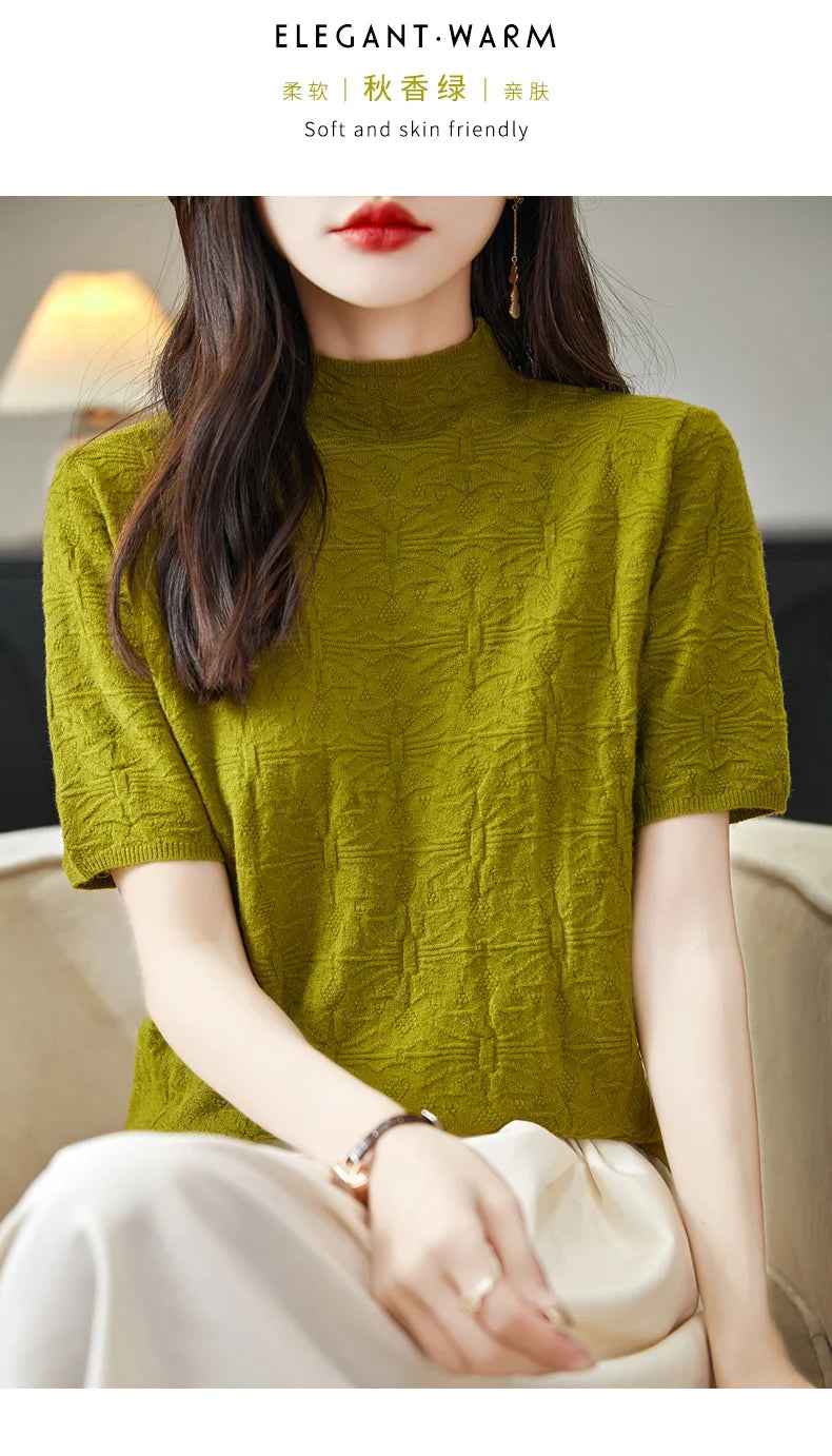 2024 Summer Women's Sweater Short Sleeve Pullover T-shirt Pure Wool Knitwear Half High Neck Loose Versatile Slim Fit Fashion Top