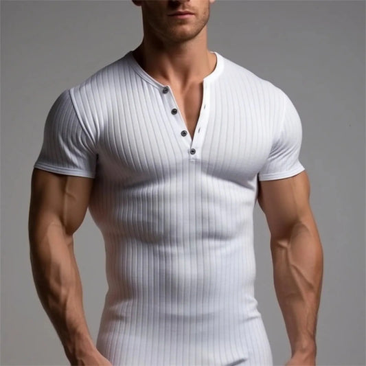 Men's Threaded T-shirt Summer Running Sports Fitness Clothes Muscle Slim Fit Short Sleeve T-shirt V-neck Collar Casual Tops