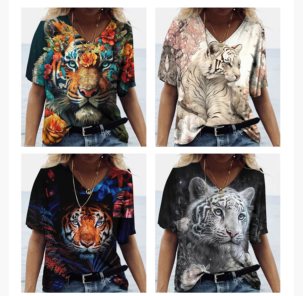 New Women'S T Shirt 3d Animal Print V-Neck Short Sleeve Tops Tees Streetwear Female Oversized Tshirt Fashion Woman Clothing 2023