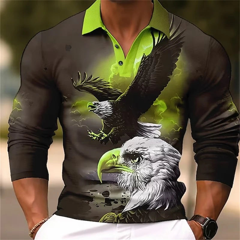 Tiger Eagle 3D Printed Long Sleeve Polo T-shirt For Mens Designer Clothes Lapel Streetwear High Quality Tops Comfortable Polo