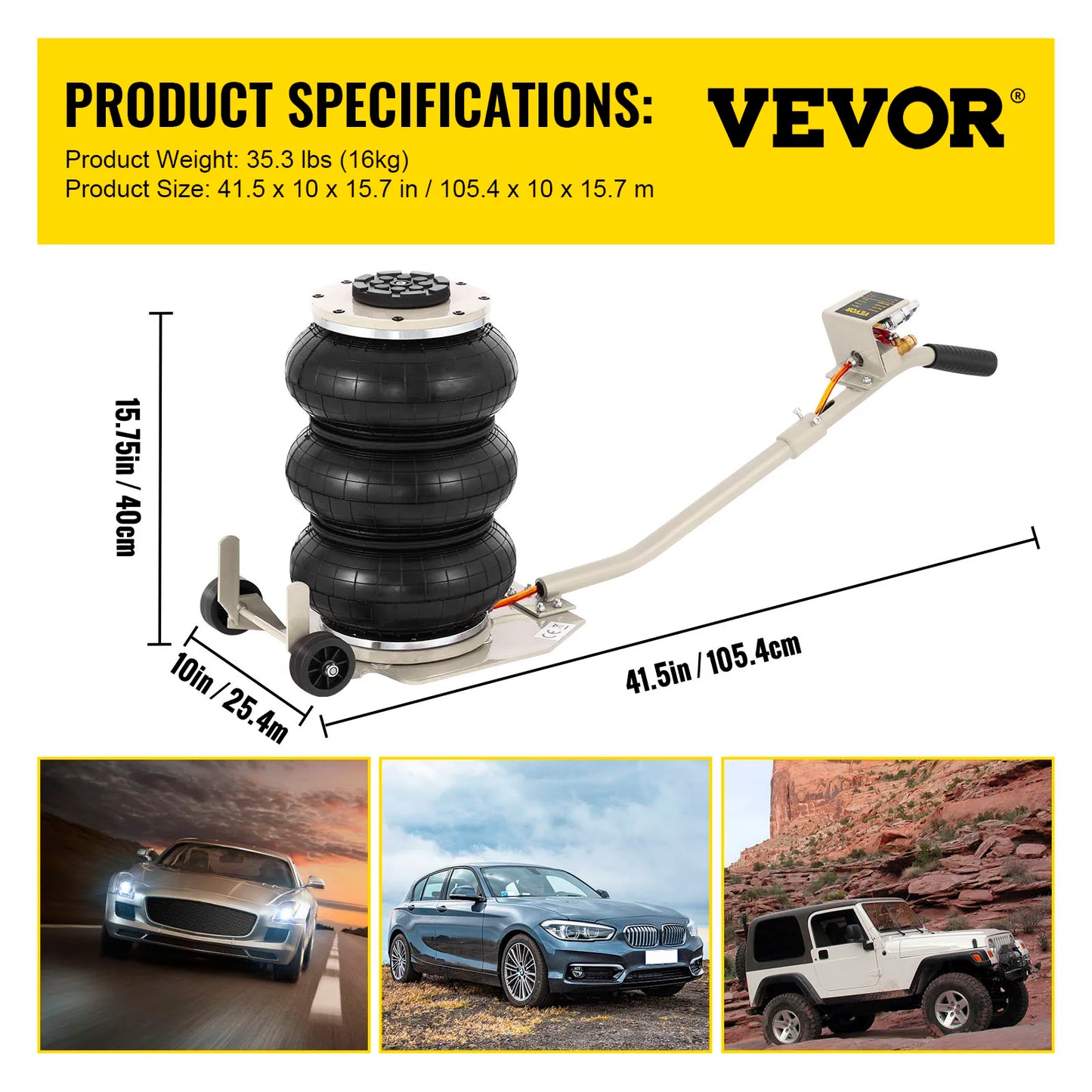 VEVOR 3 / 5 Ton Car Triple Bag Air Jack Pneumatic Jack Fast Lifting Height 16 Inch / 40CM for Car Truck Van SUV Auto Repair Tool