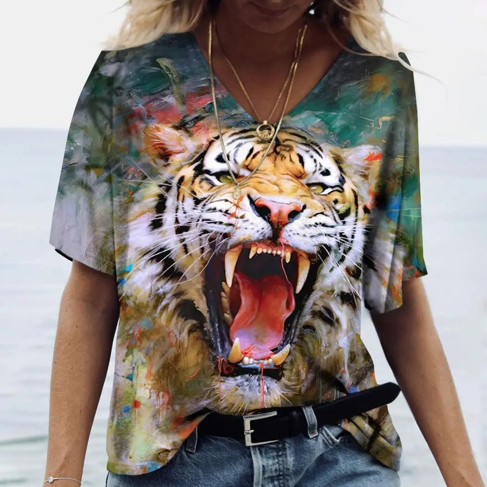 New Women'S T Shirt 3d Animal Print V-Neck Short Sleeve Tops Tees Streetwear Female Oversized Tshirt Fashion Woman Clothing 2023