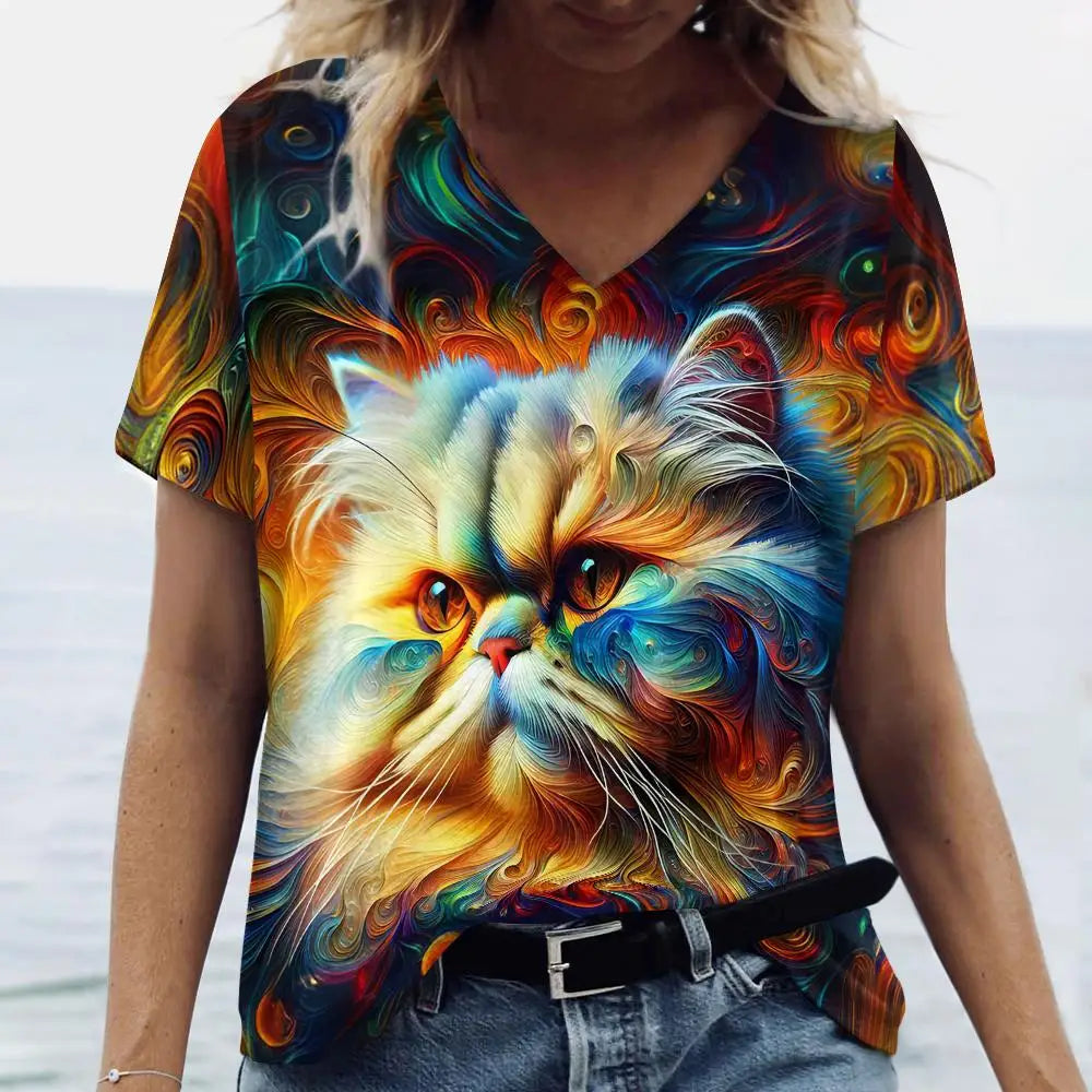 Woman Summer Short Sleeve T-Shirt Loose Plus Size Clothing V-Neck Animals Bird Print Tops Women's Casual T Shirts Clothing 2024