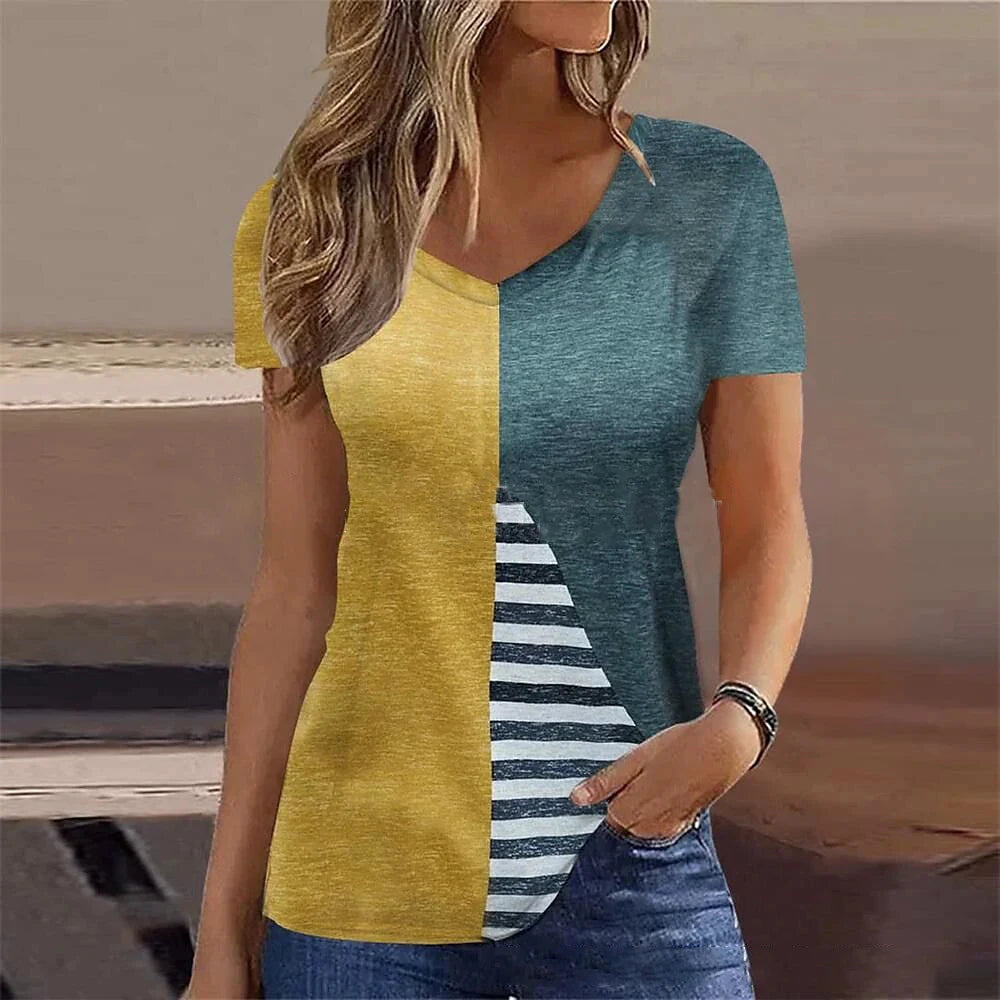 Women's T-Shirt Summer Stripe Short Sleeve Tee Shirt Fashion Blue V-Neck Female Clothing Casual New T-Shirt for Women Pullover