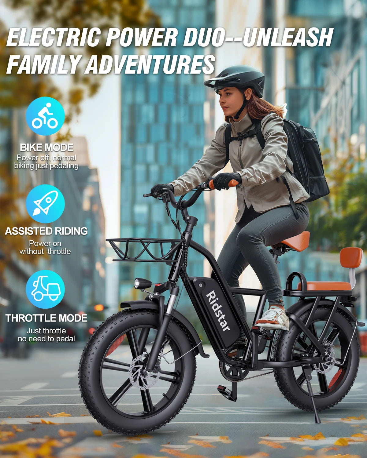 Ridstar FM-001 Electric Bicycle 1000W 48V 15AH Road City Ebike for Adult 20Inch Fat Tire  Beach Mountain With Backseat Cycling