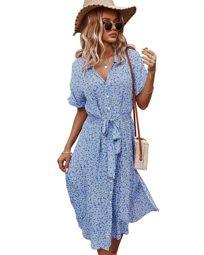 Summer Women Floral Print Dress Casual Short Sleeve Button Holiday Midi Dresses Female V-Neck Beach Boho Chic Dress Elegant Robe