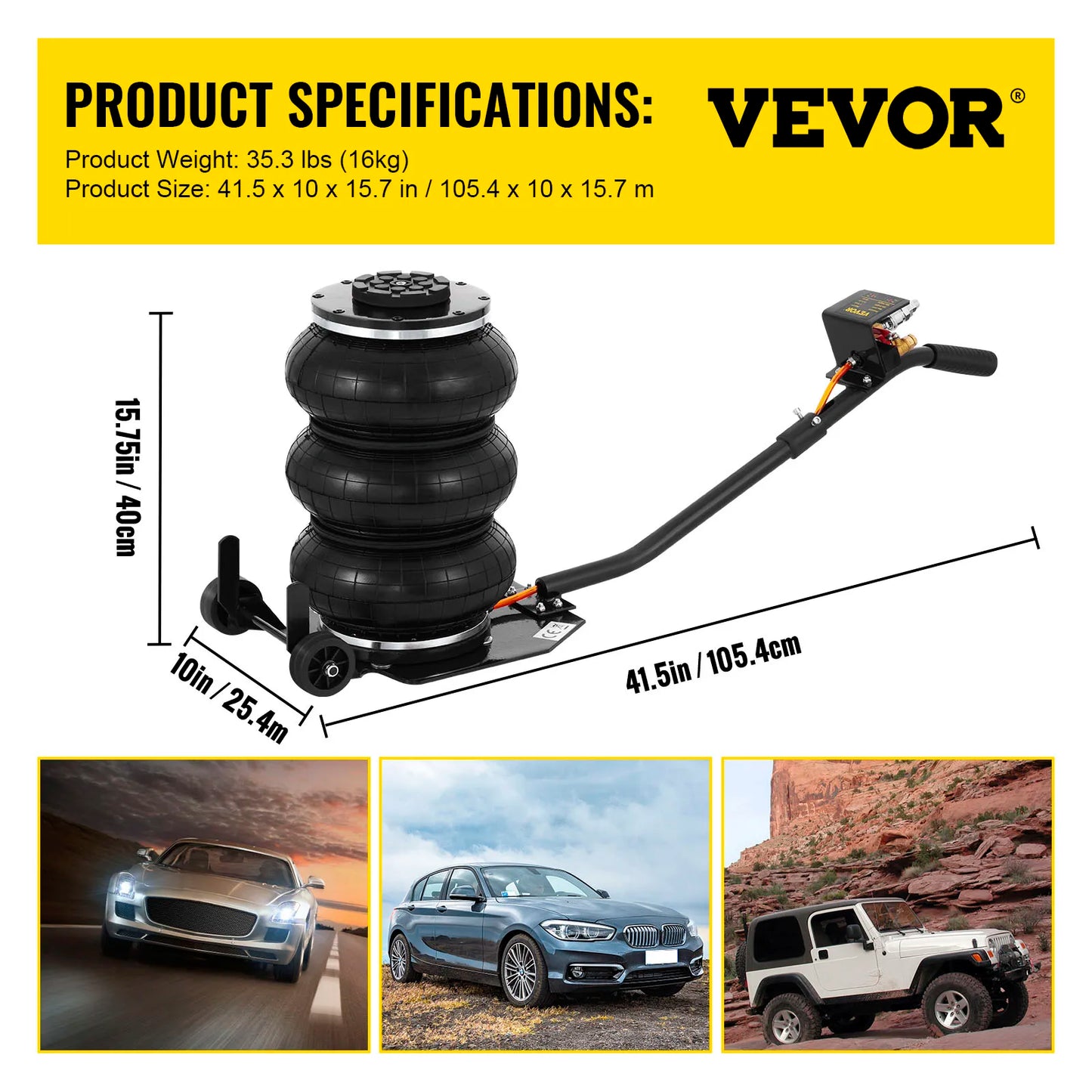 VEVOR 3 / 5 Ton Car Triple Bag Air Jack Pneumatic Jack Fast Lifting Height 16 Inch / 40CM for Car Truck Van SUV Auto Repair Tool