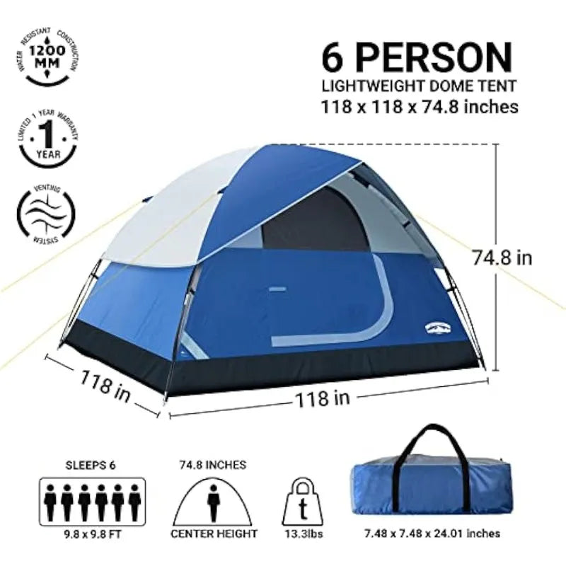 Pacific Pass 6 Person Family Dome Tent with Removable Rain Fly, Easy Setup for Camp Outdoor - Arkansas Outdoors Shop