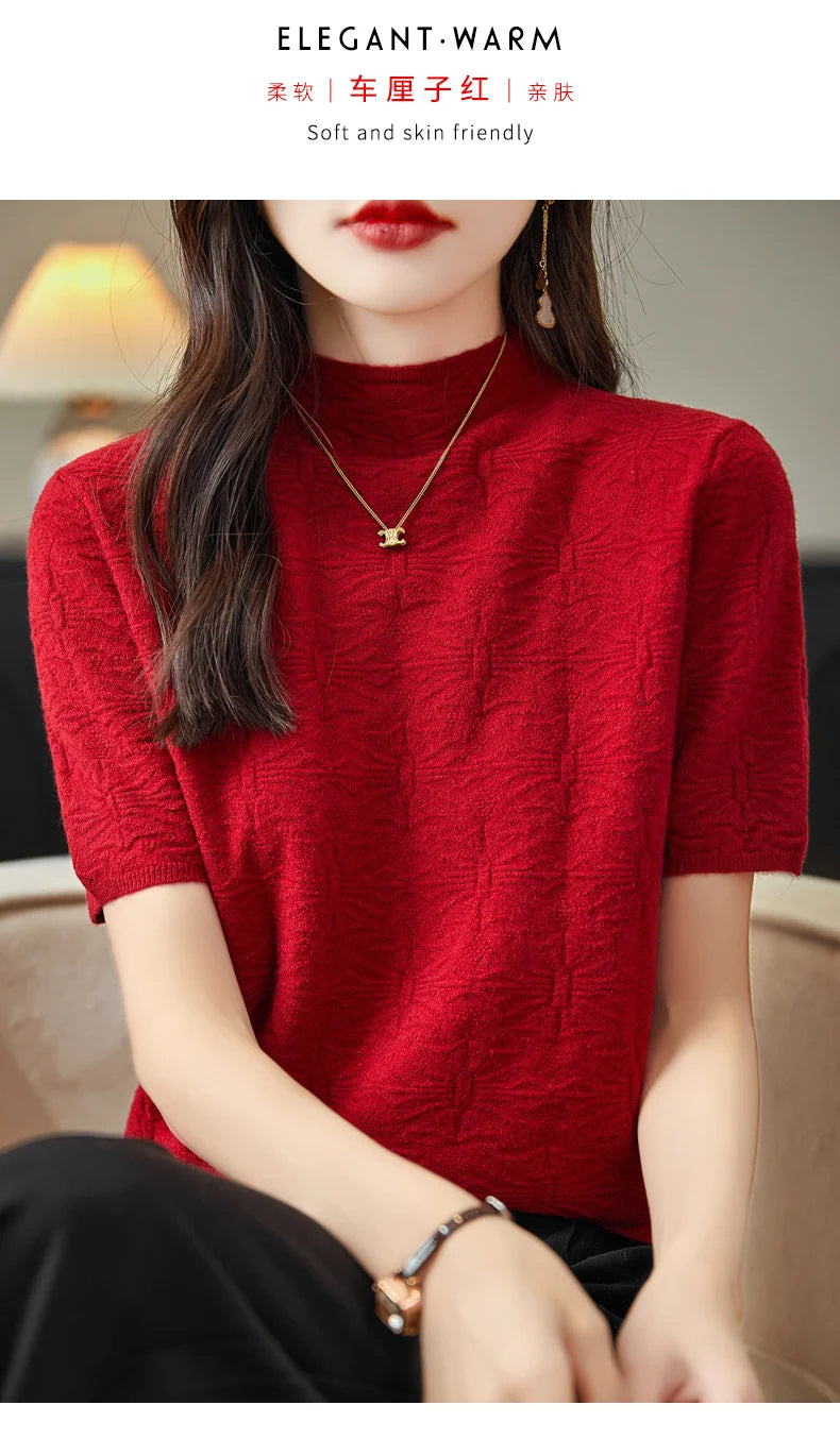 2024 Summer Women's Sweater Short Sleeve Pullover T-shirt Pure Wool Knitwear Half High Neck Loose Versatile Slim Fit Fashion Top