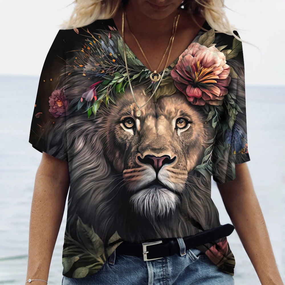 New Women'S T Shirt 3d Animal Print V-Neck Short Sleeve Tops Tees Streetwear Female Oversized Tshirt Fashion Woman Clothing 2023