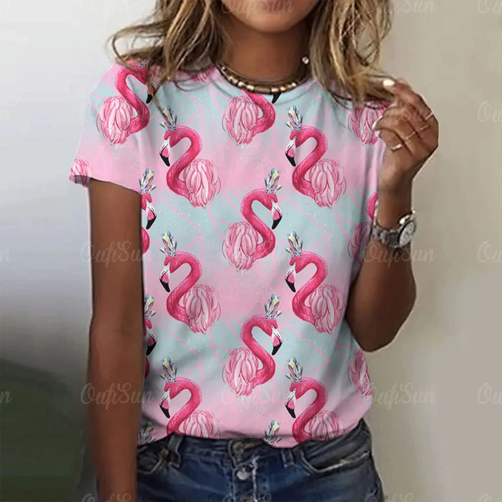 Women T-Shirts 3d Flamingo Print Fashion O-Neck Casual Ladies Casual Female Top Harajuku Girls Short Sleeve Loose Woman Clothing