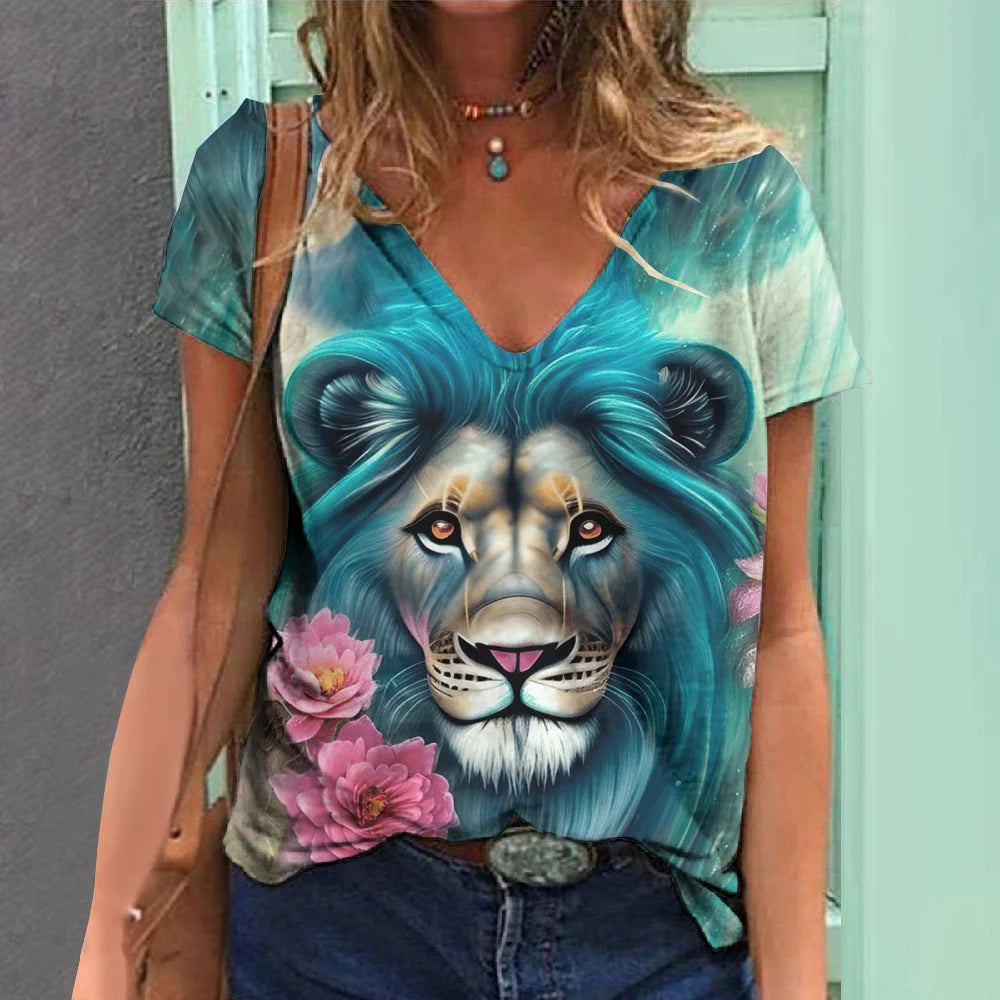 New Women'S T Shirt 3d Animal Print V-Neck Short Sleeve Tops Tees Streetwear Female Oversized Tshirt Fashion Woman Clothing 2023