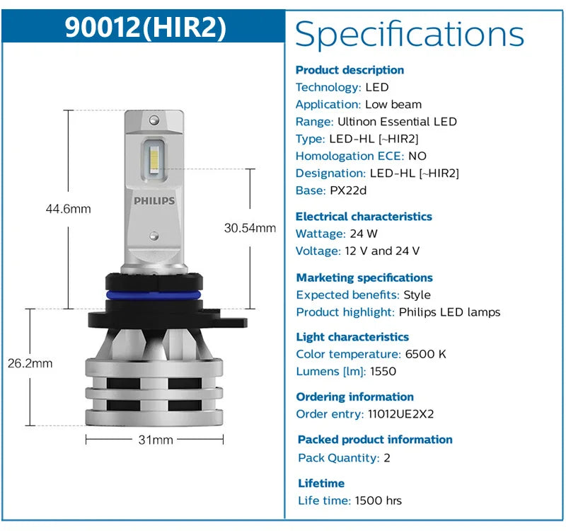 2PCS Philips Ultinon Essential G2 LED H1 H4 H7 H8 H11 H16 HB3 HB4 HIR2 6500K Bright White Auto Headlight LED Bulbs 12V 24V Lamps