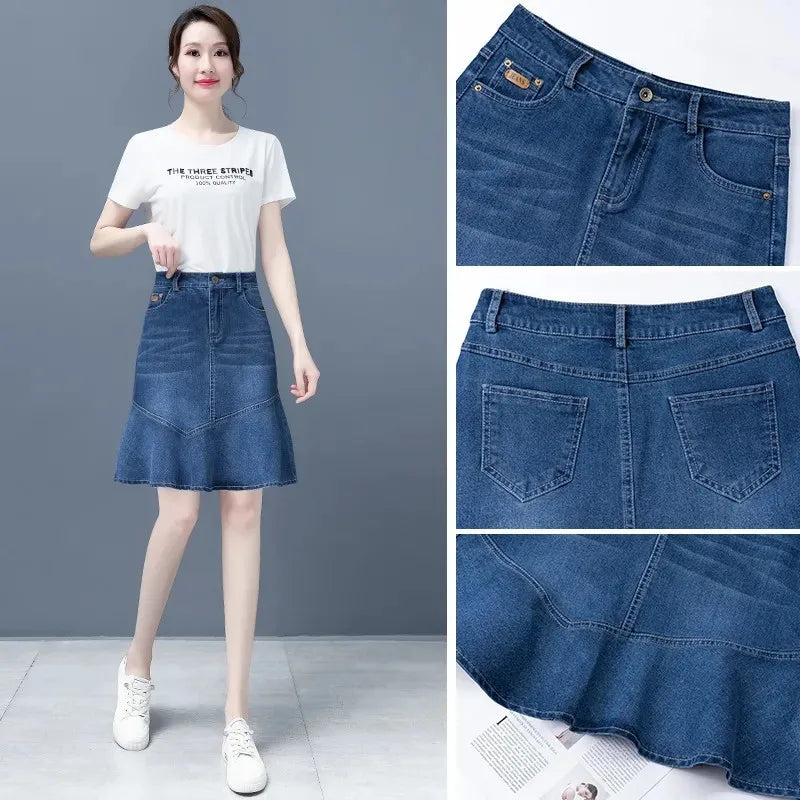 Denim Skirt For Women Spring Summer High-waisted Ruffle A-line Jeans Skirt Ladies Package Hips Fishtail Mini Denim Skirts