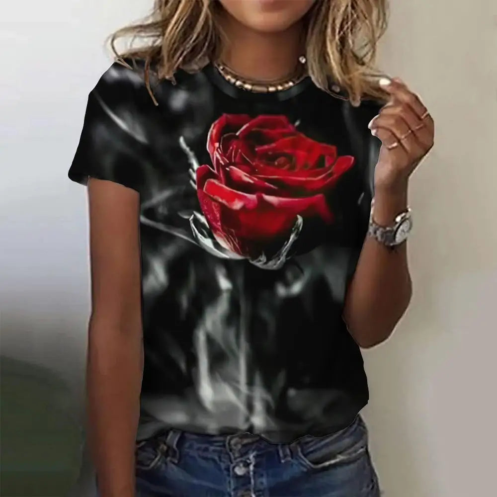 3d Roses Print Women's T Shirts Summer Fashion Short Sleeve Top Oversized Female Clothing Casual Girls Streetwear 2023 New Tees