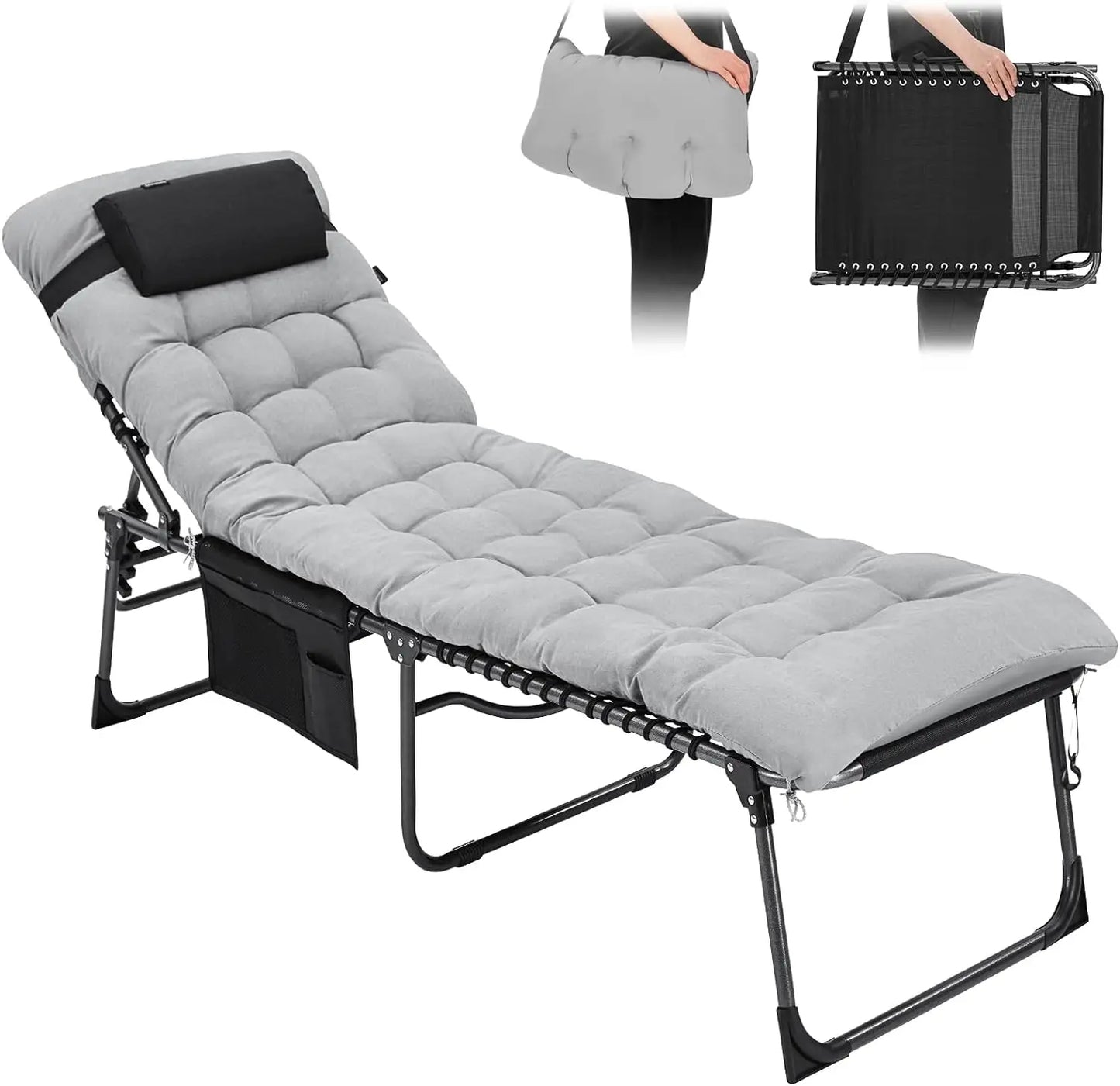 Oversize Padded Folding Chaise Lounge Chair for Outdoor, Patio, Beach,Lawn, Sunbathing, Tanning, Pool, Lay Flat Heavy-Duty