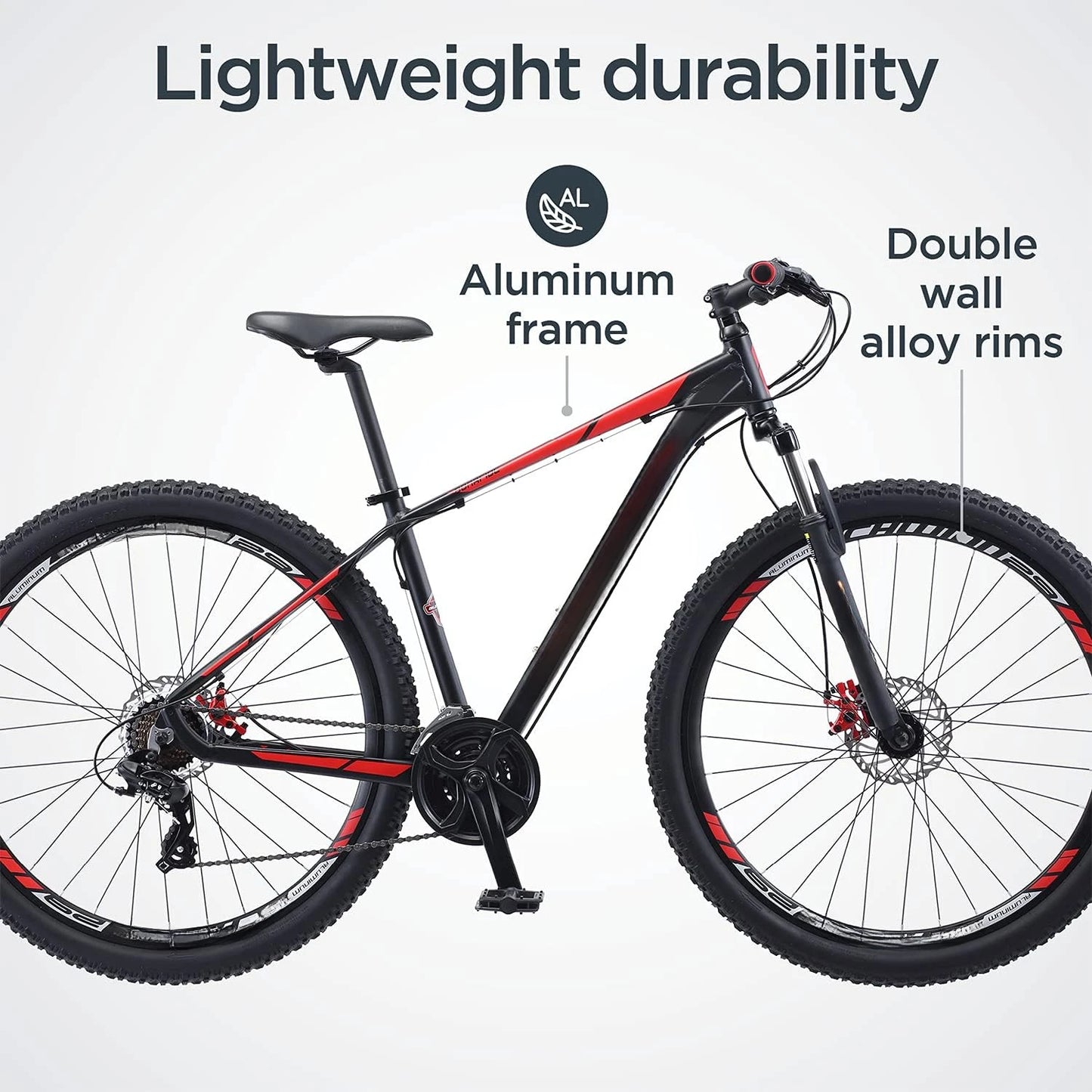 Men and Women Mountain Bike, Front Suspension, 24-Speed, 29-Inch Wheels, 17-Inch Aluminum Frame, Matte Black/Red