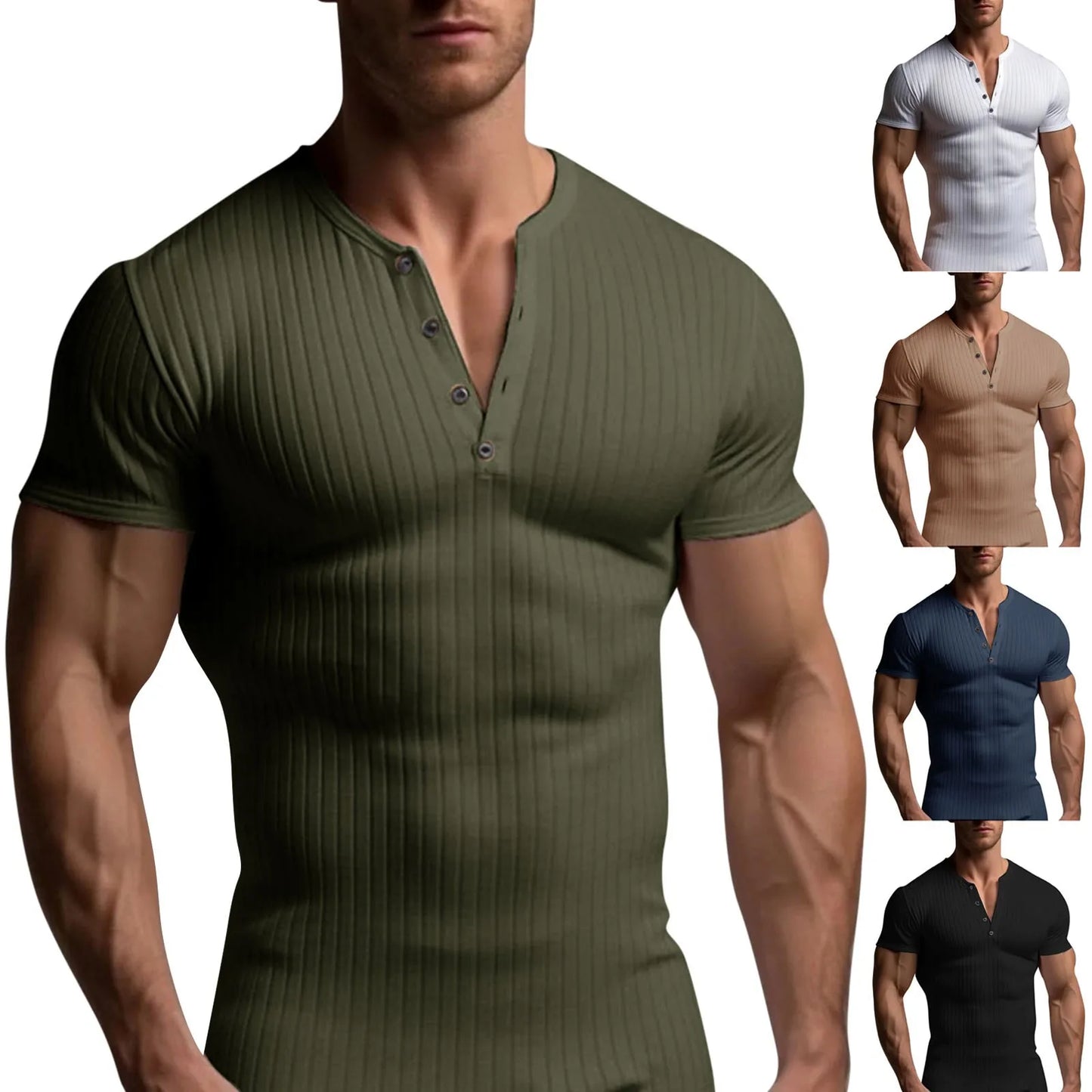 Men's Threaded T-shirt Summer Running Sports Fitness Clothes Muscle Slim Fit Short Sleeve T-shirt V-neck Collar Casual Tops