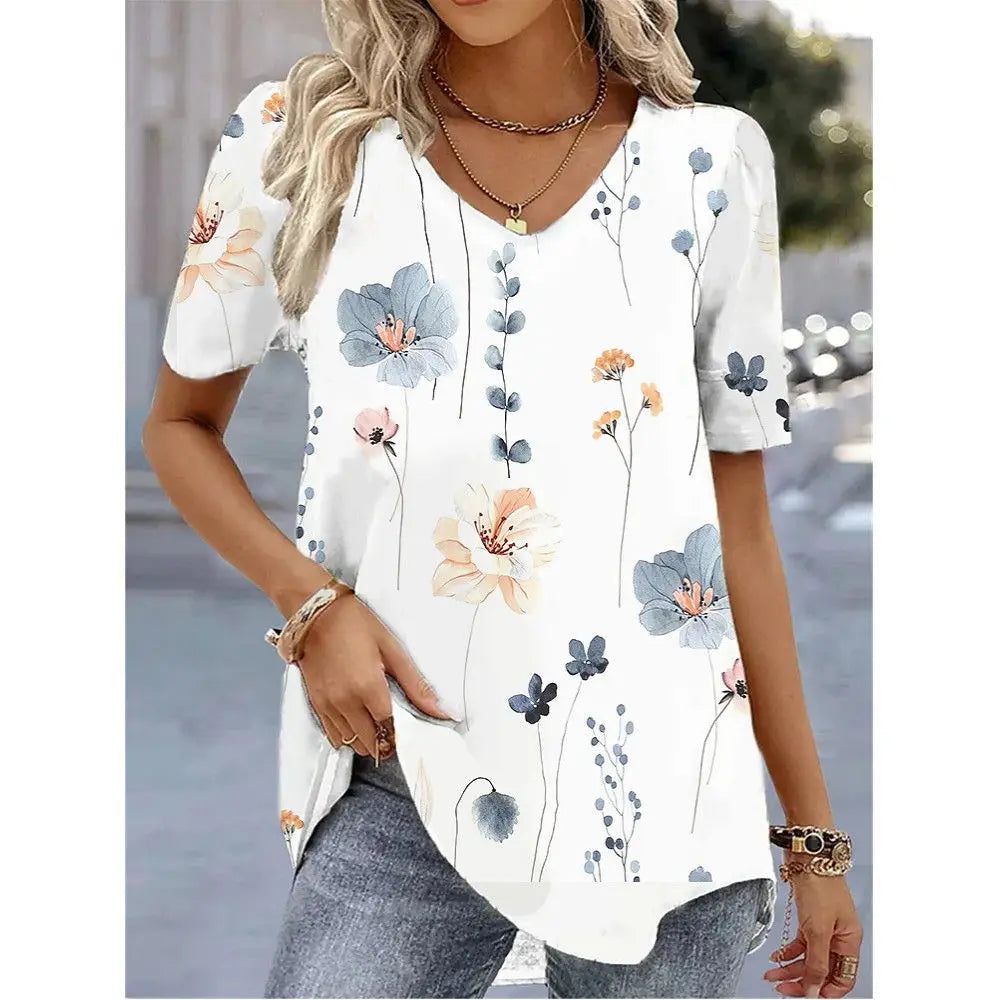 Fashion Women's V-neck T-shirt Harajuku Print Summer 3D T-shirt Floral Graphic Tee Loose Pullover Female Casual Top 5xl Clothing