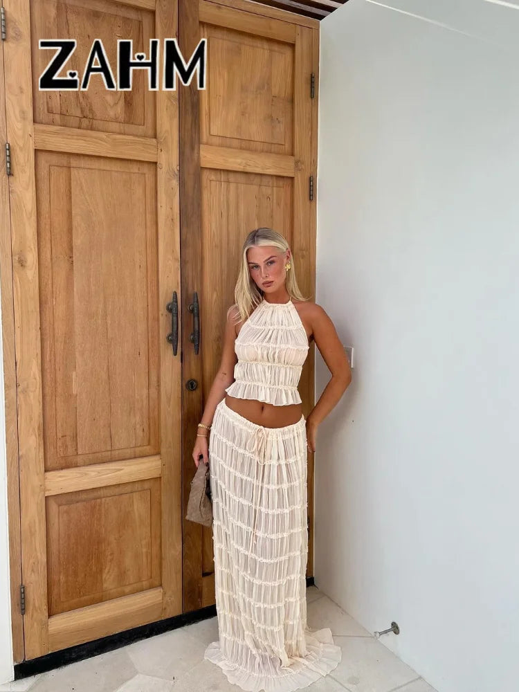 Sexy Halter Pleated Crop Tops Maxi Skirts Set Women Sleeveless Backless Skirt Suit Female 2024 Summer Ladies Beach Outfits