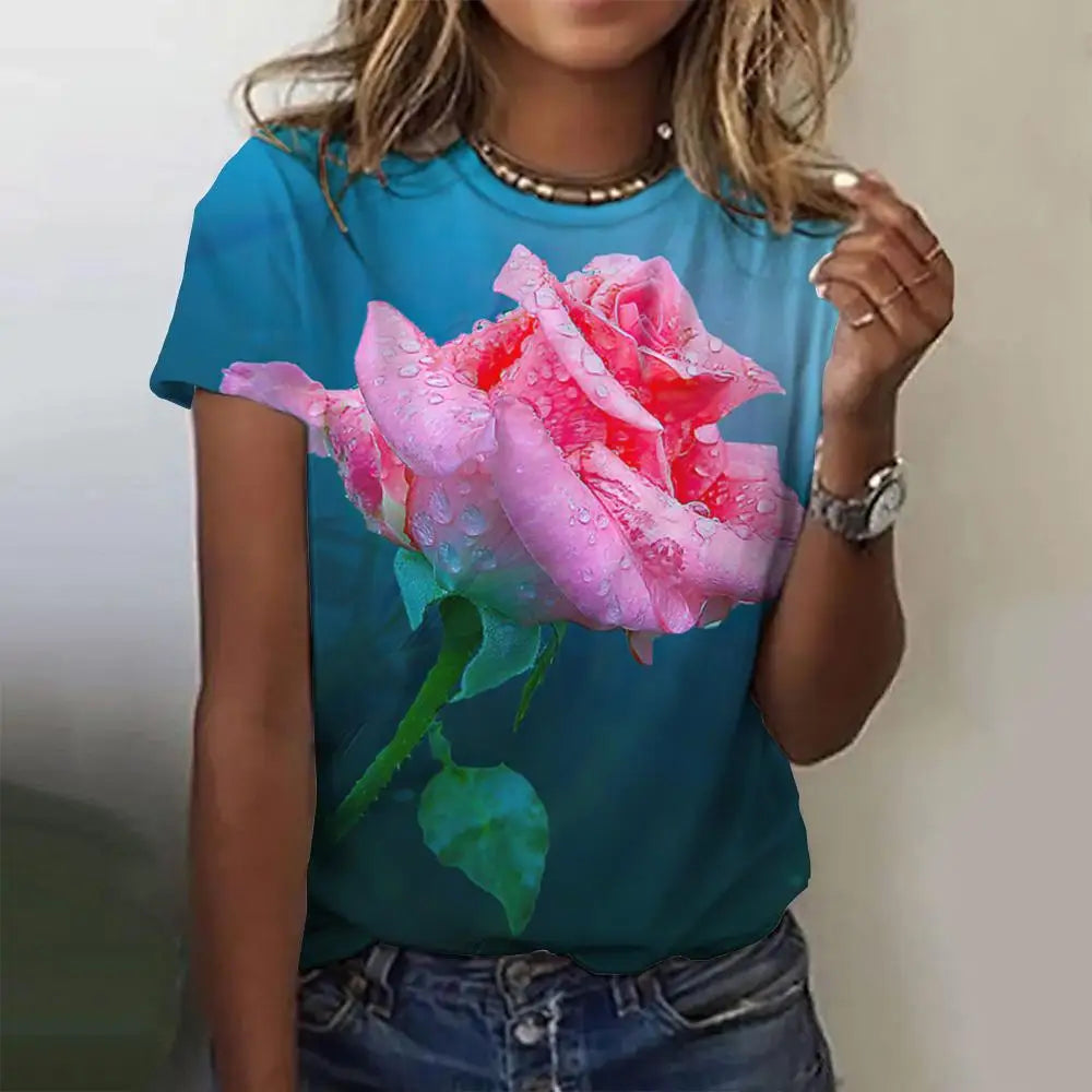 3d Roses Print Women's T Shirts Summer Fashion Short Sleeve Top Oversized Female Clothing Casual Girls Streetwear 2023 New Tees