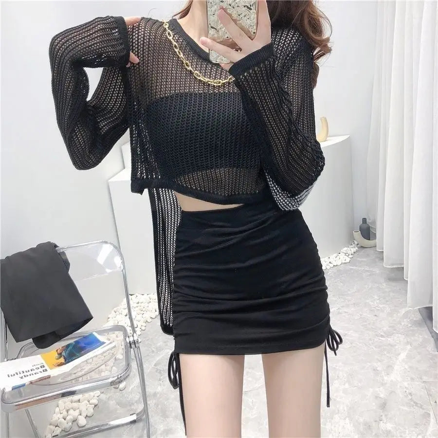 Woherb Lazy Style Full Sleeves Thin Crochet Tops Hollow Out Sexy Women Fashion Casual Streetwear Chic Femme Sunproof Tshirts