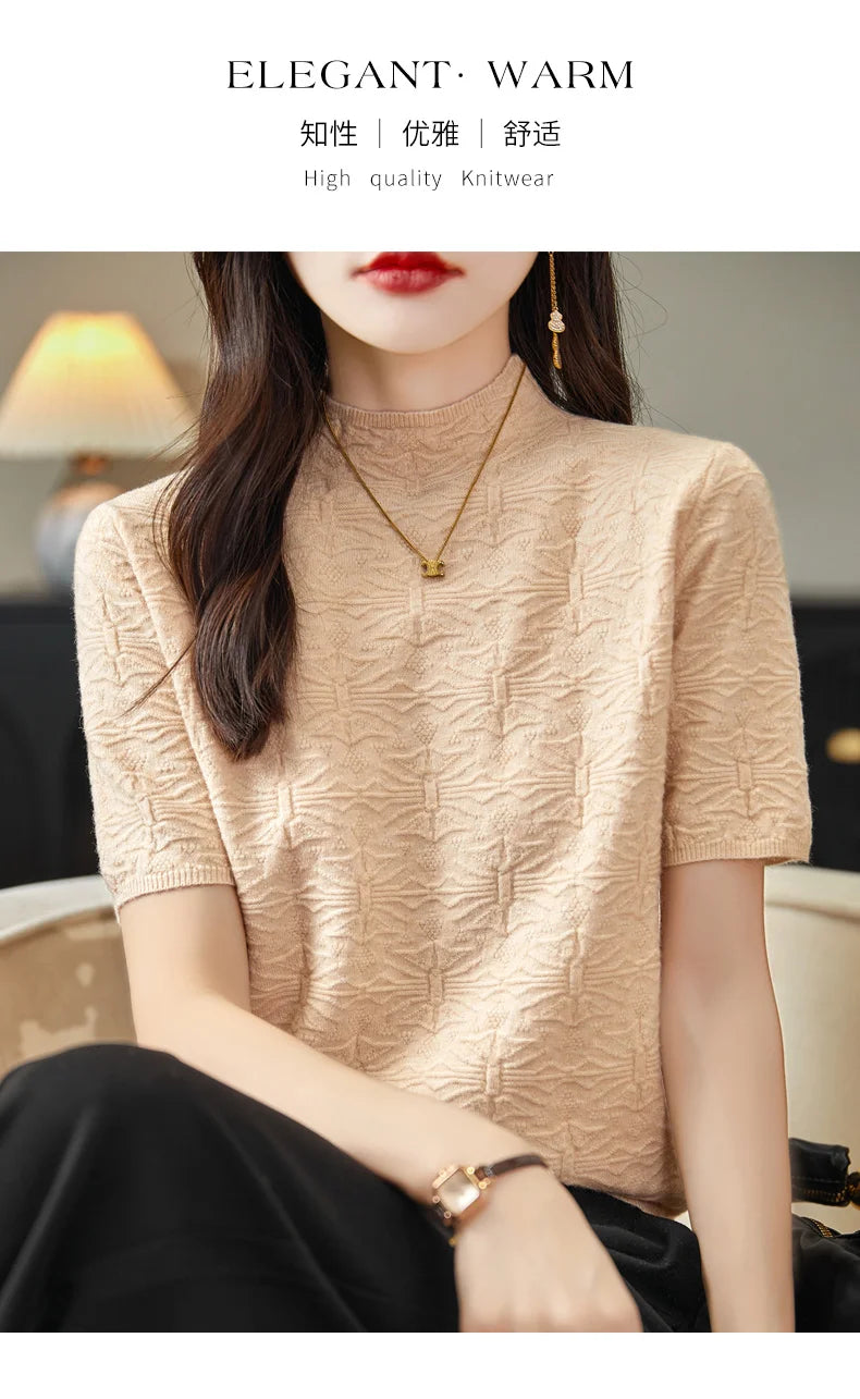 2024 Summer Women's Sweater Short Sleeve Pullover T-shirt Pure Wool Knitwear Half High Neck Loose Versatile Slim Fit Fashion Top