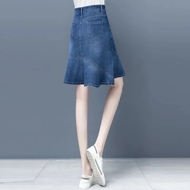 Denim Skirt For Women Spring Summer High-waisted Ruffle A-line Jeans Skirt Ladies Package Hips Fishtail Mini Denim Skirts