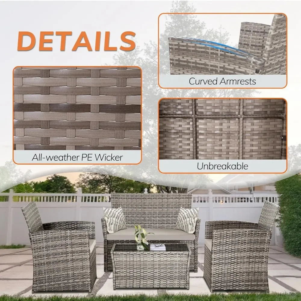 4 Piece Patio Furniture  Sets ,Rattan Sectional Sofa w/Coffee Table, for Backyard Garden Poolside