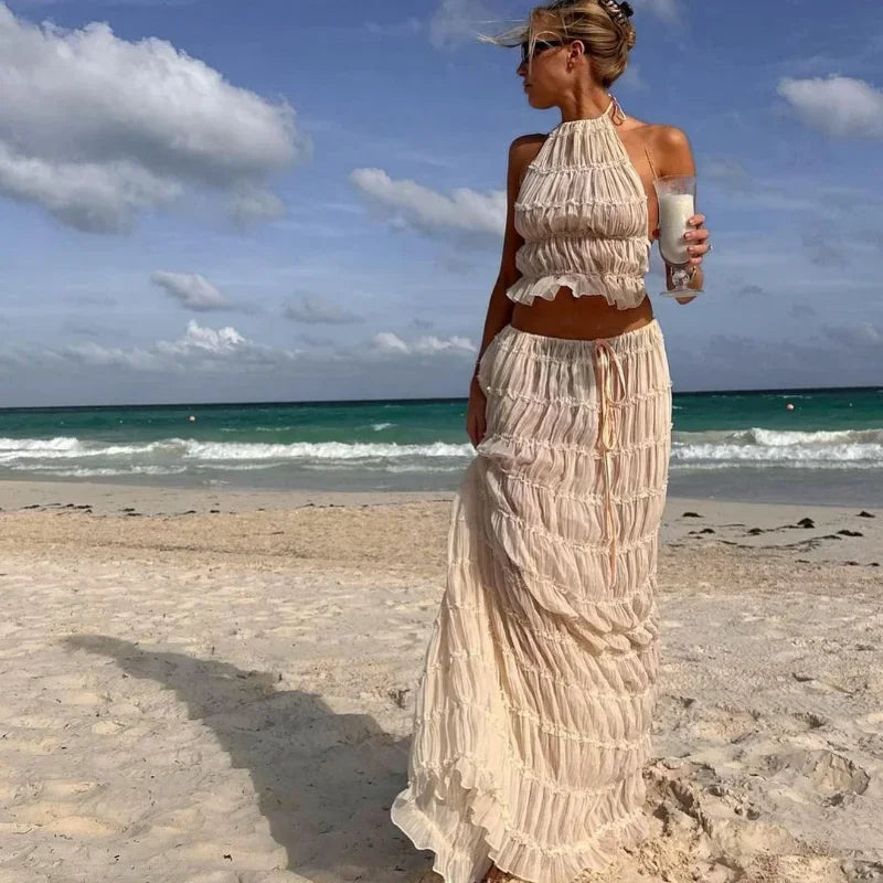 Sexy Halter Pleated Crop Tops Maxi Skirts Set Women Sleeveless Backless Skirt Suit Female 2024 Summer Ladies Beach Outfits