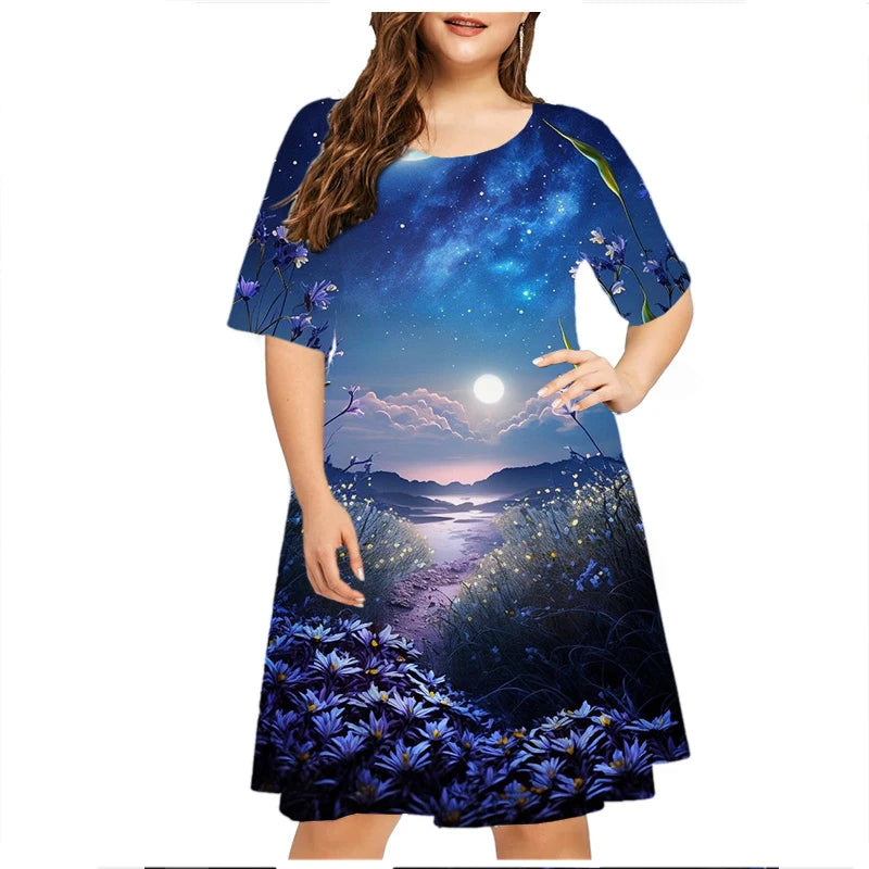 6XL Plus Size Summer Dresses For Women Clothes Plant Flower Print Short Sleeve Loose Dress Casual Retro O-Neck Sundress Vestidos