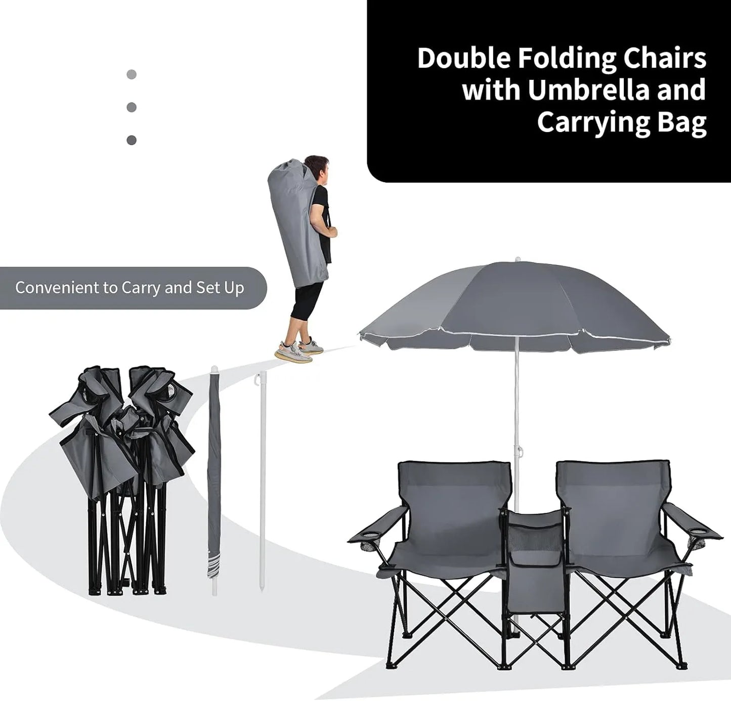 Portable Folding Picnic Double Chair W/Umbrella Table Cooler Beach Camping Chair for  Patio Pool Park Outdoor