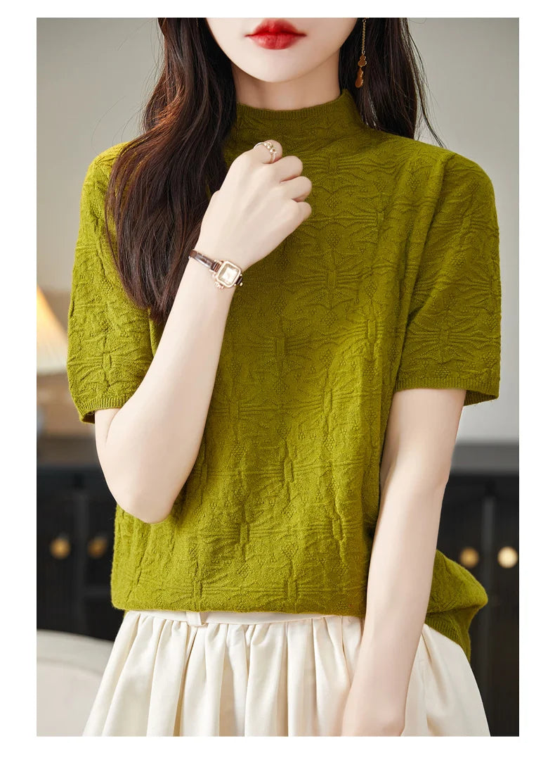 2024 Summer Women's Sweater Short Sleeve Pullover T-shirt Pure Wool Knitwear Half High Neck Loose Versatile Slim Fit Fashion Top