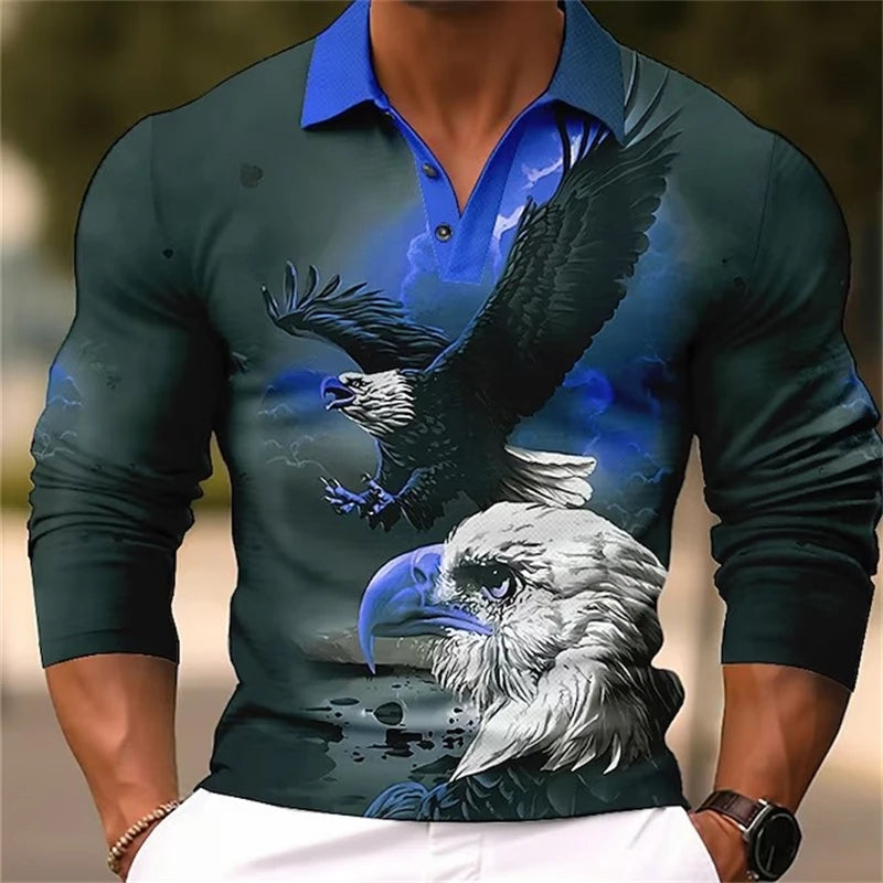 Tiger Eagle 3D Printed Long Sleeve Polo T-shirt For Mens Designer Clothes Lapel Streetwear High Quality Tops Comfortable Polo