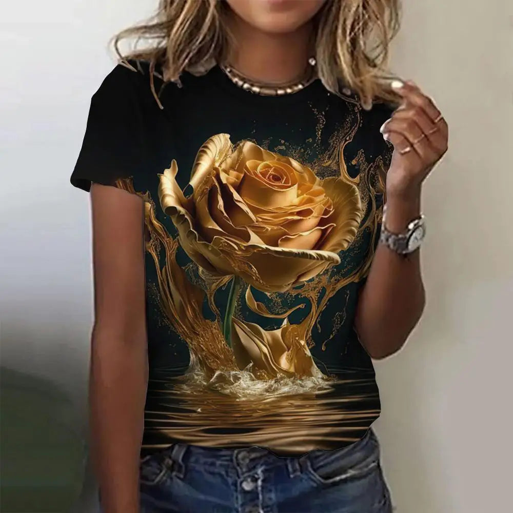 3d Roses Print Women's T Shirts Summer Fashion Short Sleeve Top Oversized Female Clothing Casual Girls Streetwear 2023 New Tees