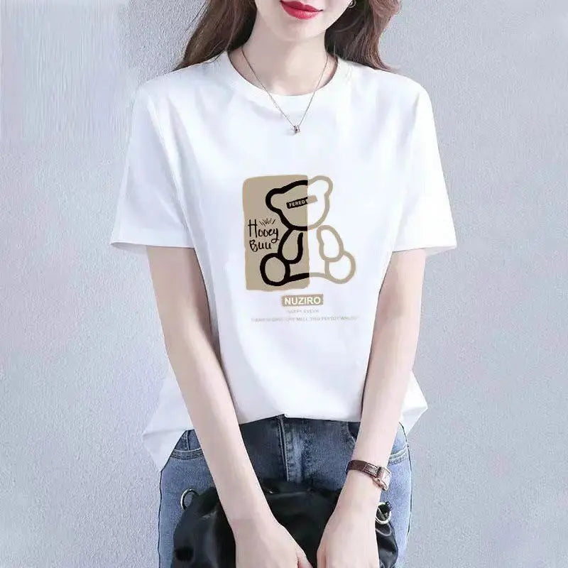 Summer Cotton Painting Bears T-shirt Women New O-collar Short Sleeve Loose Casual Letter High Quality Ventilate Lady Top