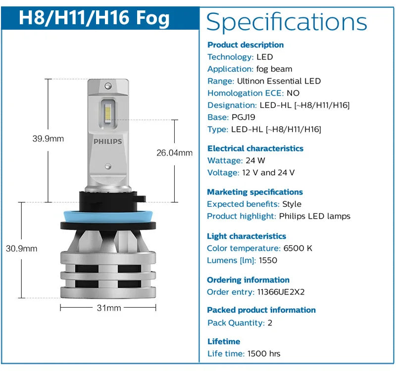 2PCS Philips Ultinon Essential G2 LED H1 H4 H7 H8 H11 H16 HB3 HB4 HIR2 6500K Bright White Auto Headlight LED Bulbs 12V 24V Lamps