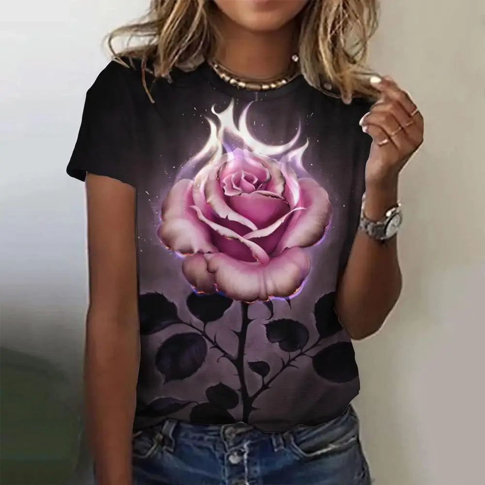 3d Roses Print Women's T Shirts Summer Fashion Short Sleeve Top Oversized Female Clothing Casual Girls Streetwear 2023 New Tees