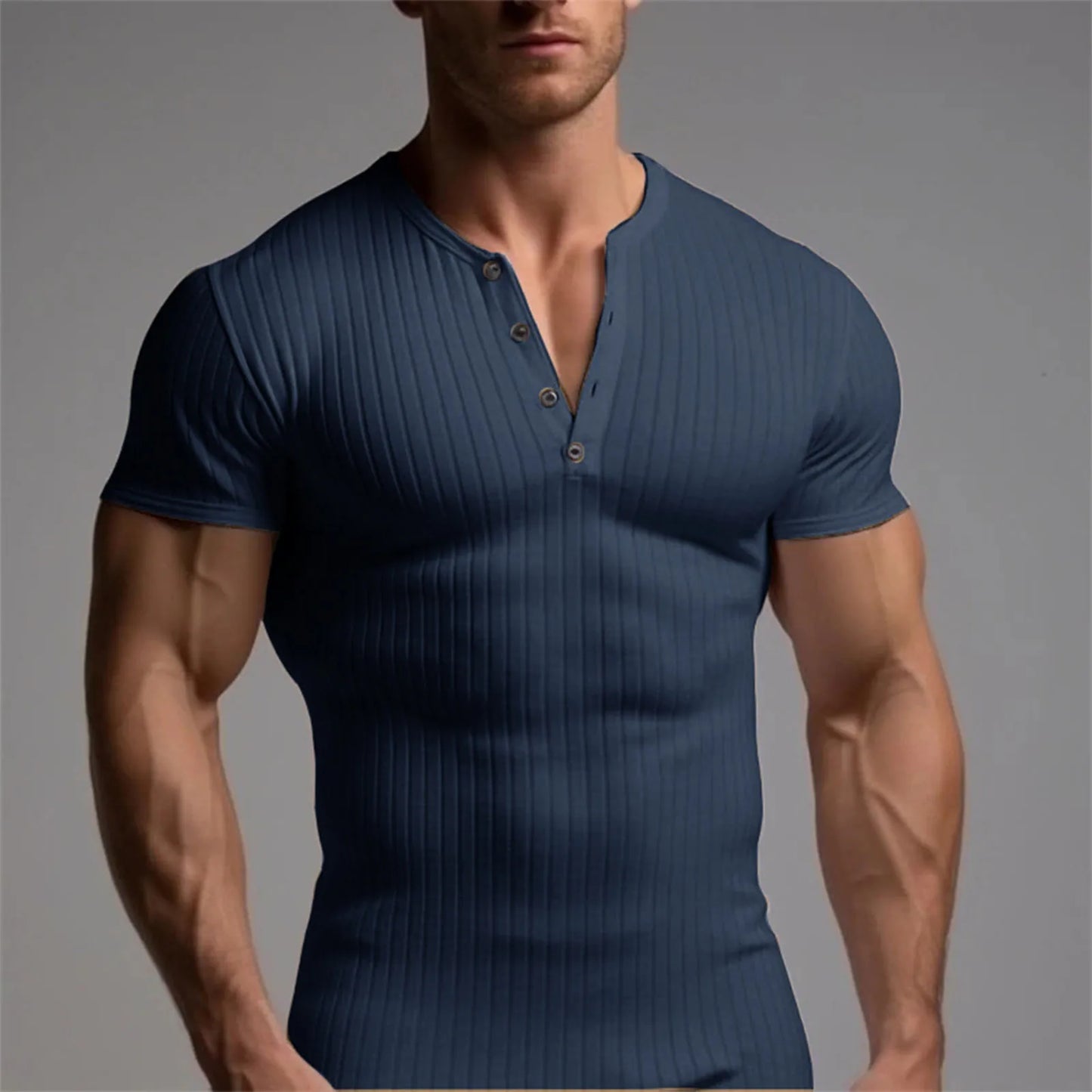 Men's Threaded T-shirt Summer Running Sports Fitness Clothes Muscle Slim Fit Short Sleeve T-shirt V-neck Collar Casual Tops