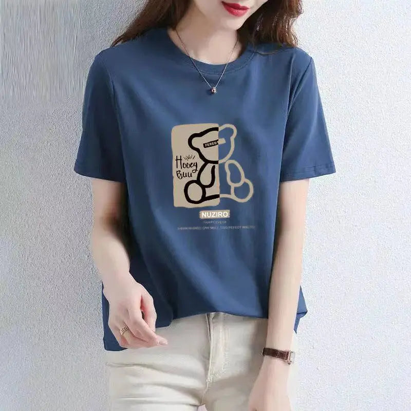 Summer Cotton Painting Bears T-shirt Women New O-collar Short Sleeve Loose Casual Letter High Quality Ventilate Lady Top