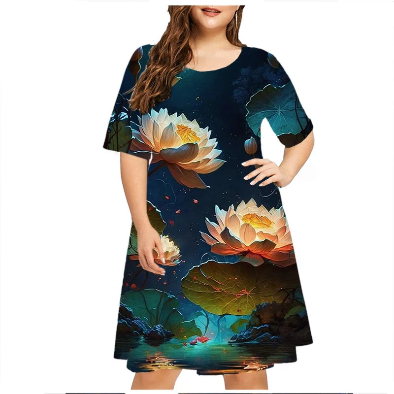 6XL Plus Size Summer Dresses For Women Clothes Plant Flower Print Short Sleeve Loose Dress Casual Retro O-Neck Sundress Vestidos