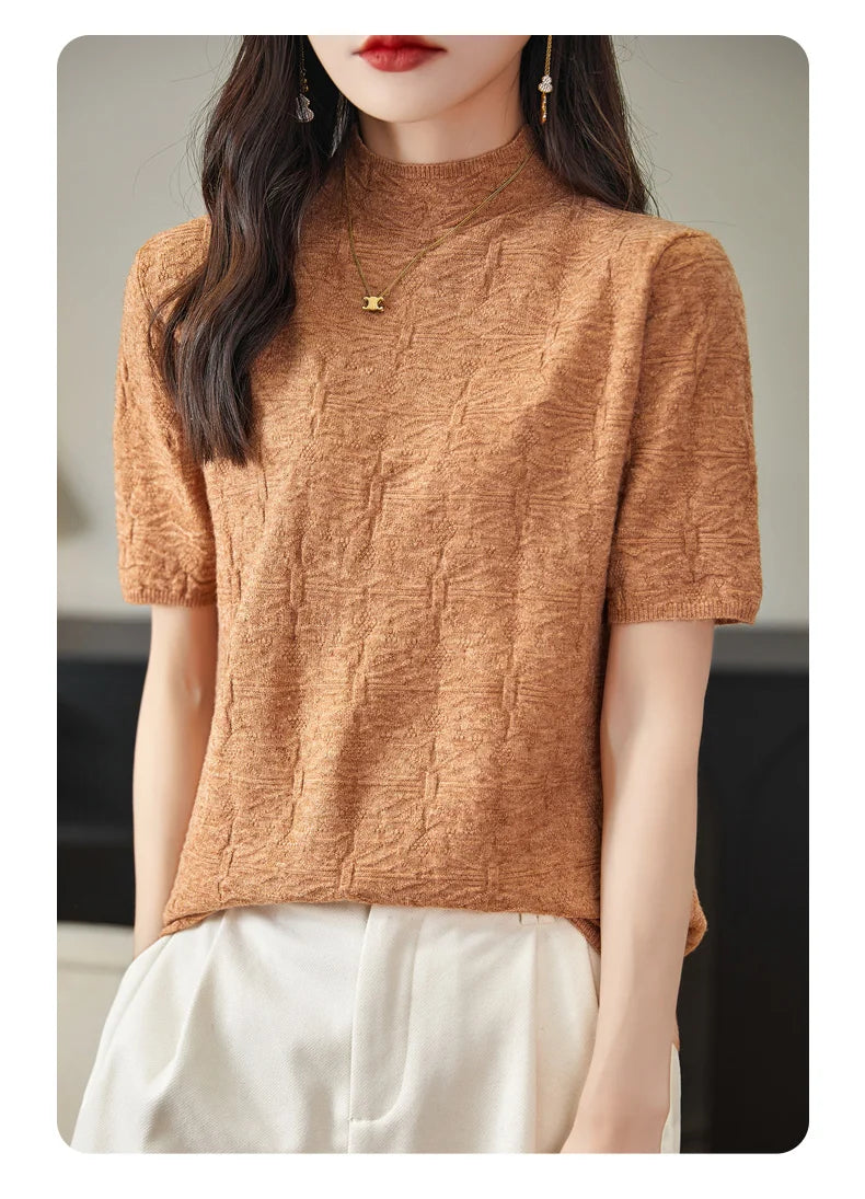 2024 Summer Women's Sweater Short Sleeve Pullover T-shirt Pure Wool Knitwear Half High Neck Loose Versatile Slim Fit Fashion Top