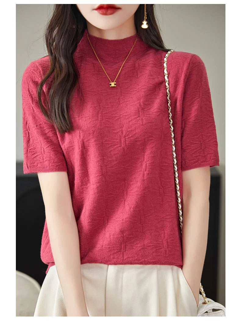 2024 Summer Women's Sweater Short Sleeve Pullover T-shirt Pure Wool Knitwear Half High Neck Loose Versatile Slim Fit Fashion Top