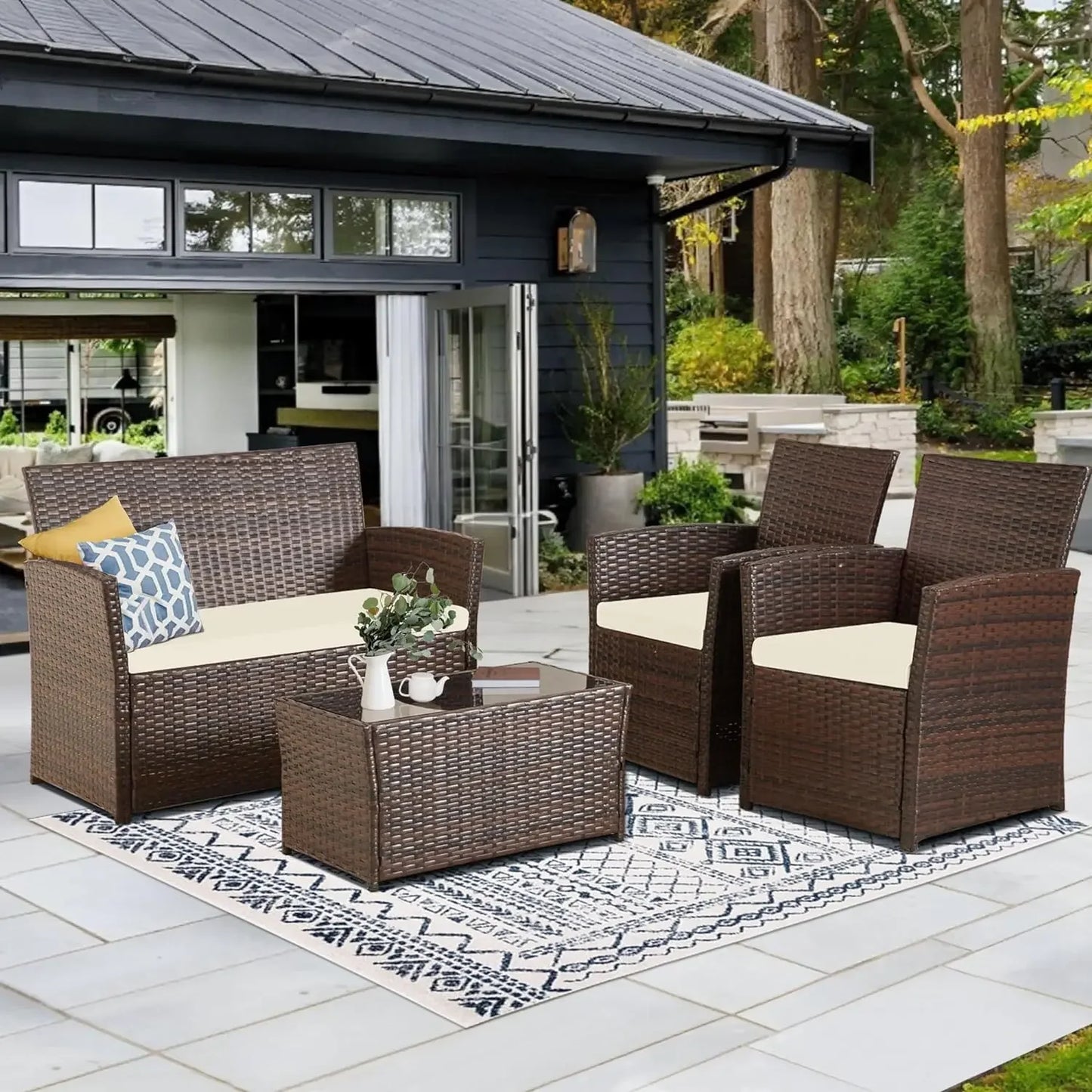 4 Piece Patio Furniture  Sets ,Rattan Sectional Sofa w/Coffee Table, for Backyard Garden Poolside