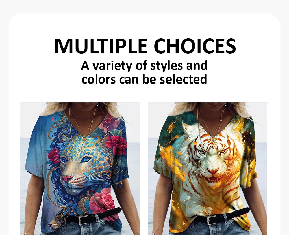 New Women'S T Shirt 3d Animal Print V-Neck Short Sleeve Tops Tees Streetwear Female Oversized Tshirt Fashion Woman Clothing 2023