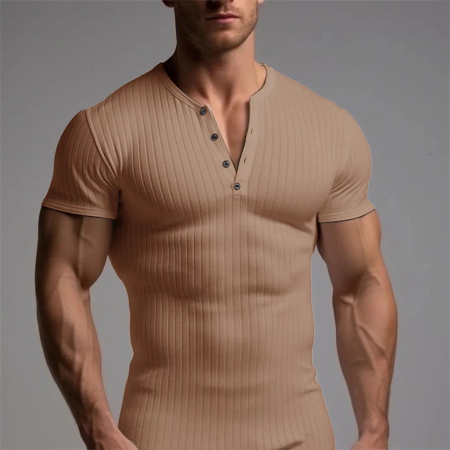 Men's Threaded T-shirt Summer Running Sports Fitness Clothes Muscle Slim Fit Short Sleeve T-shirt V-neck Collar Casual Tops