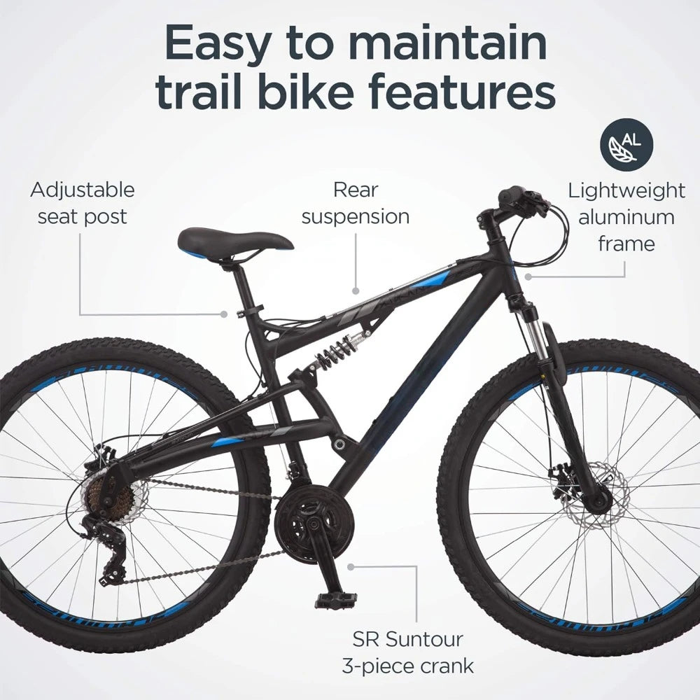 Mens and Womens Mountain Bike, 29-Inch Wheels, Aluminum Frame, Dual-Suspension, Mechanical Disc Brakes